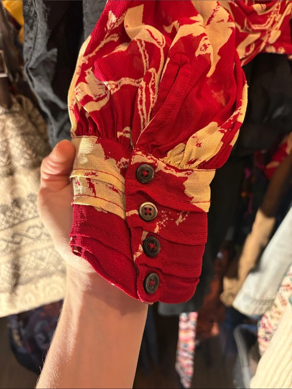 Free People 100% Rayon Red Floral Ruched Button-Front Crop Top